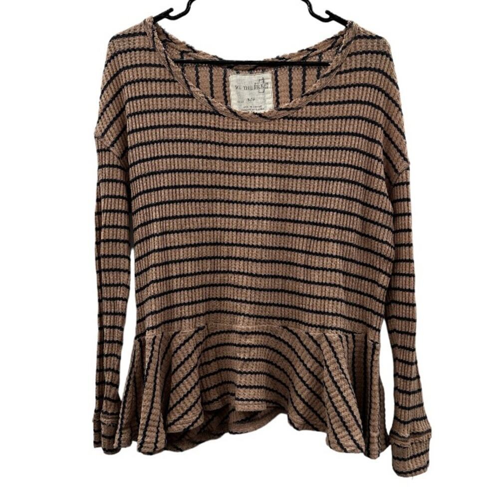 We The Free‎ People Oversized Tan & Black Striped Waffle Knit Peplum Top Size S
